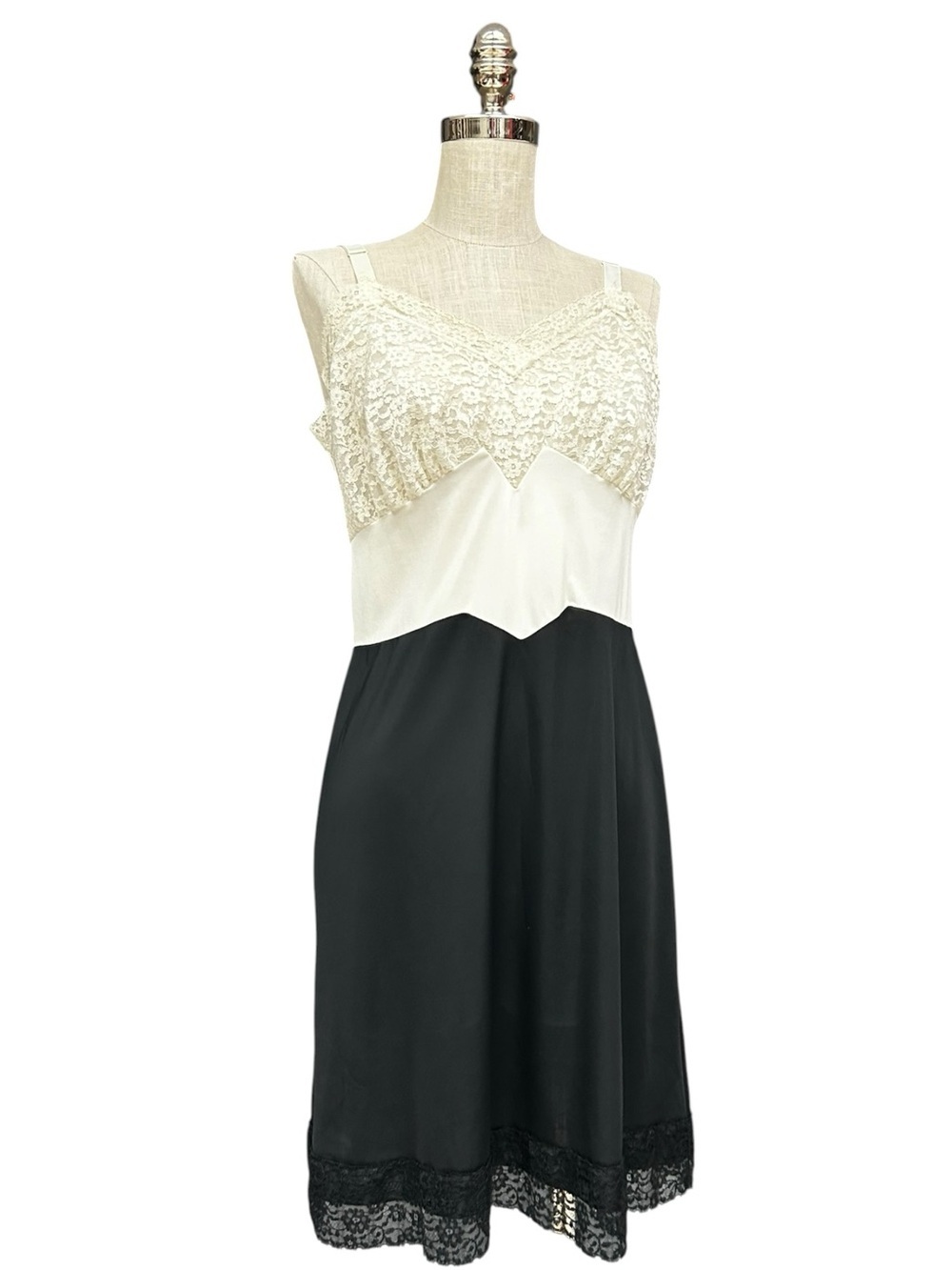 Vintage Black White Lace Slip Dress Nightgown Lingerie Midi M/L